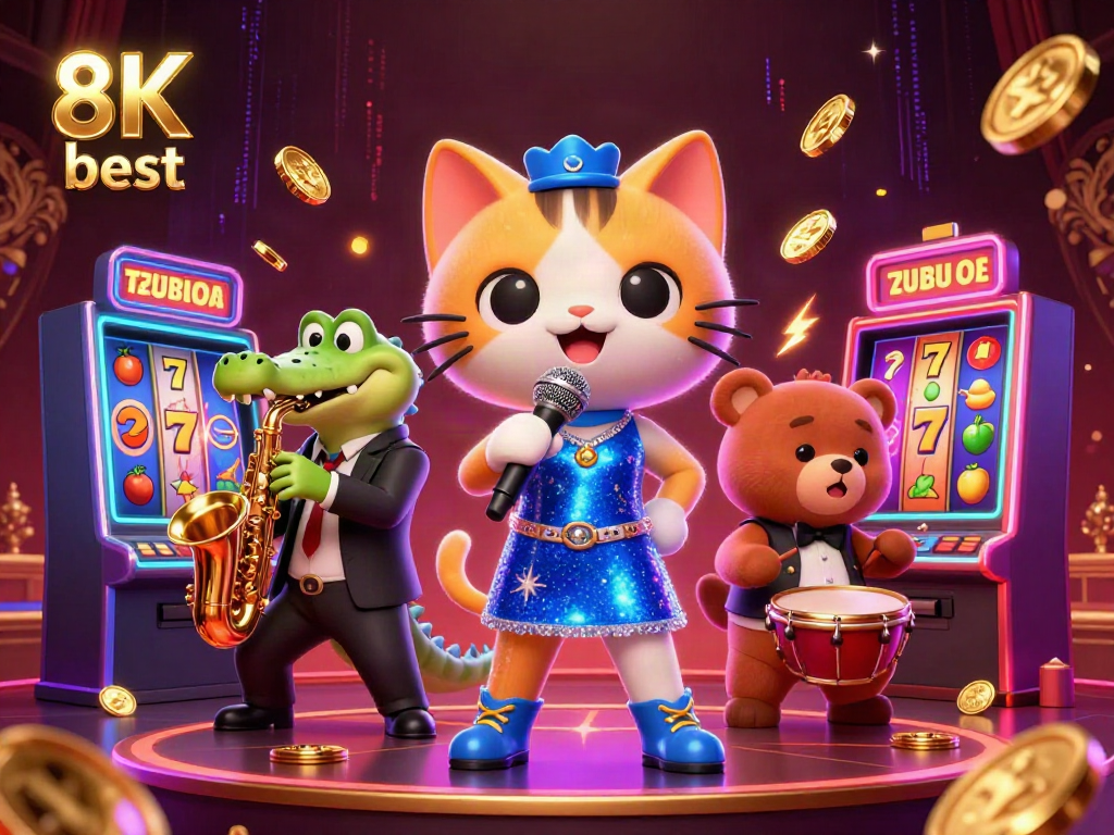 Experience the vibrant 8K best casino scene with lively characters, slot machines, and dazzling effects.