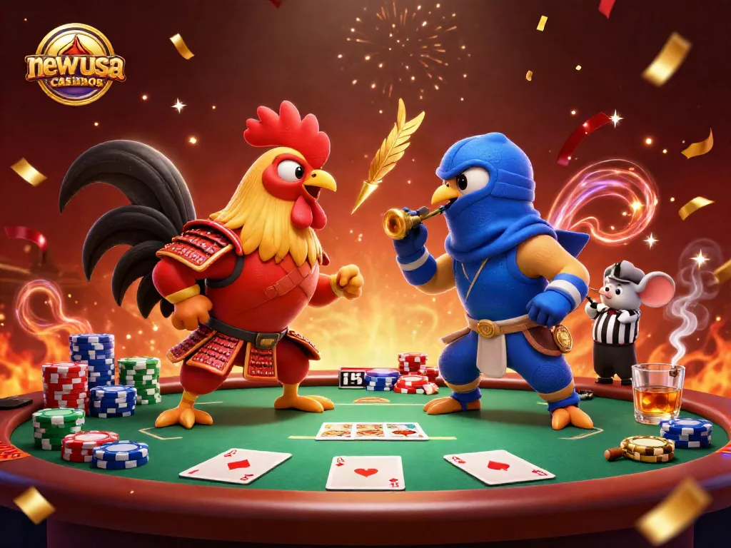 Engage with new usa casinos through vibrant 3D roosters in a poker-themed showdown.