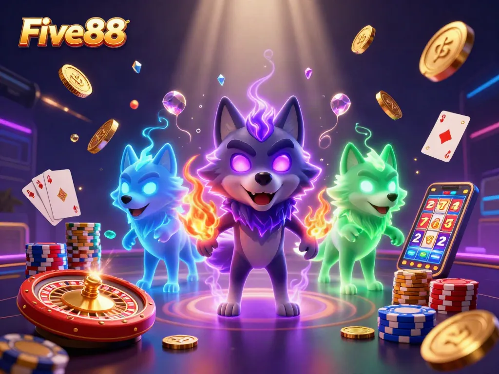 Five88 brings excitement with glowing wolves amidst casino elements like chips and coins.