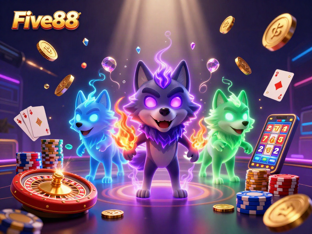 Five88 brings excitement with glowing wolves amidst casino elements like chips and coins.