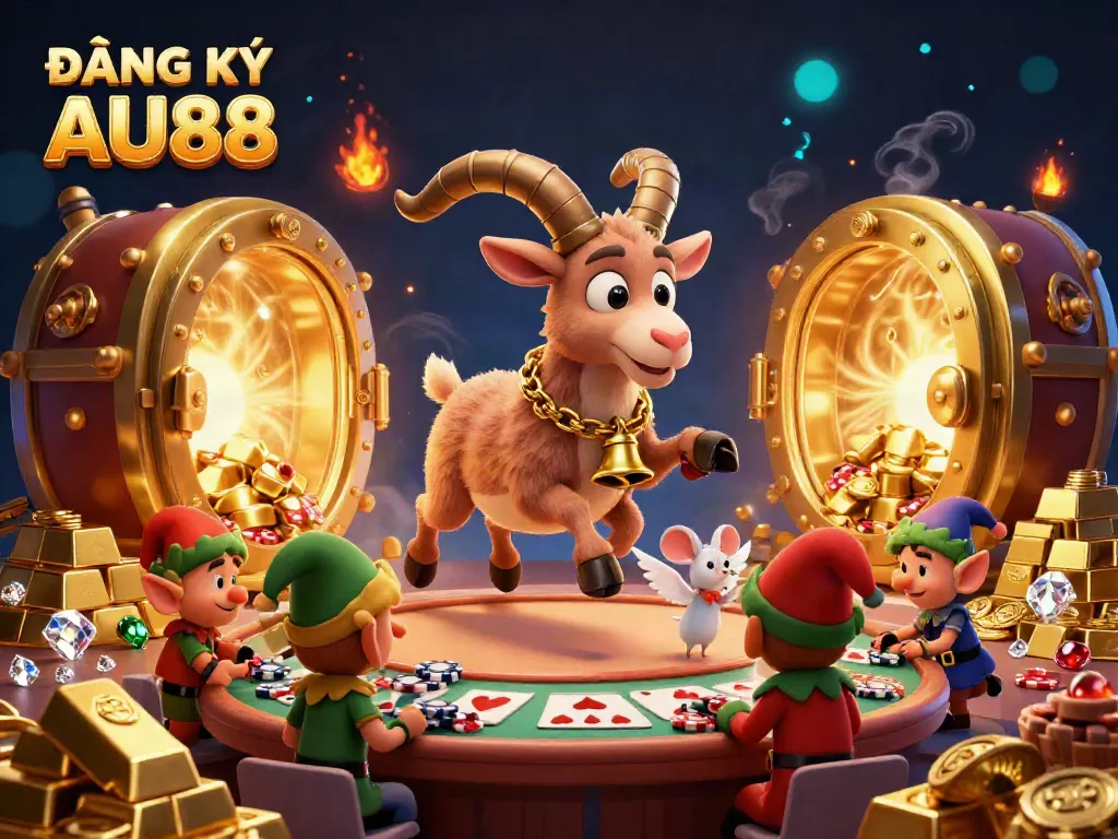 Join the excitement at AU88 with festive Krampus and mischievous gremlins amidst treasures, capturing the thrilling atmosphere of ĐĂNG KÝ AU88.