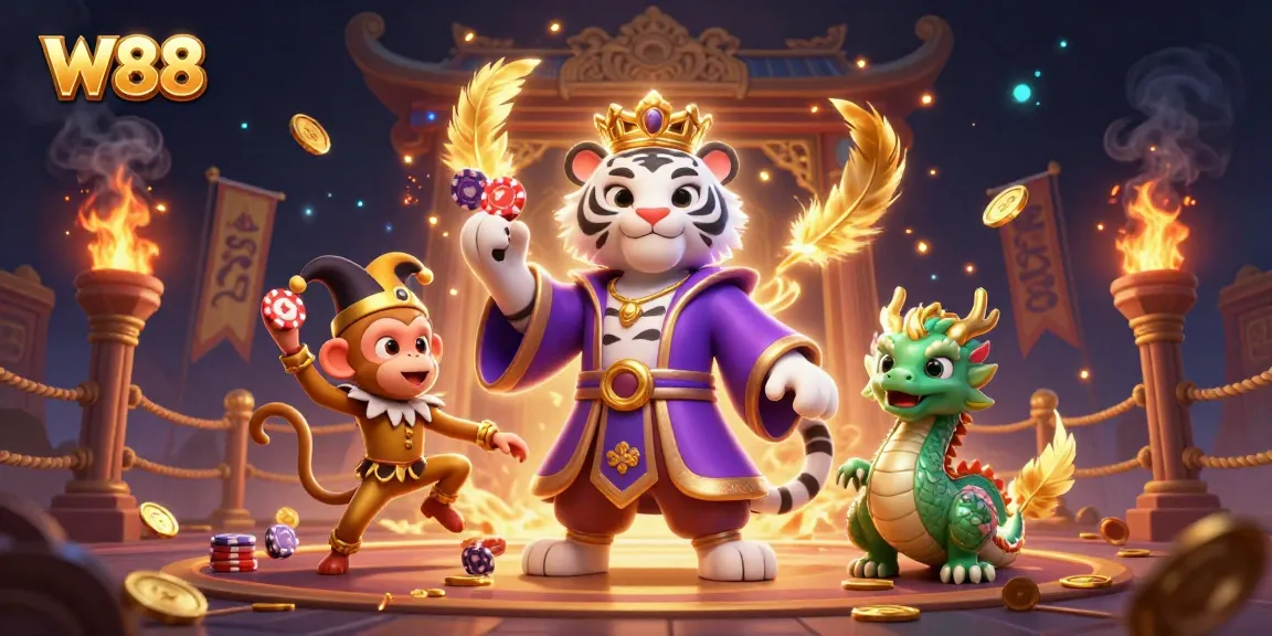 Experience W88's thrilling atmosphere with a jade dragon and royal tiger amidst vibrant gaming action.