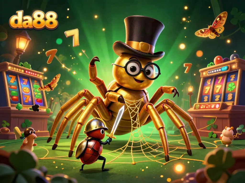 Engage in thrilling slot action at da88 with golden charms and vibrant characters in a dynamic casino scene.