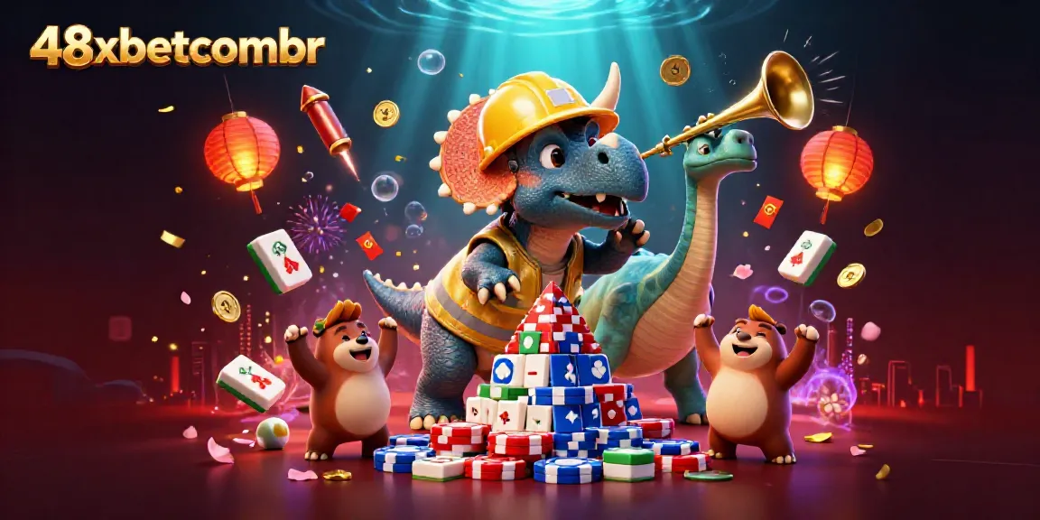 Celebrate wins at 48xbetcombr with cheerful dinosaurs building a poker chip pyramid.