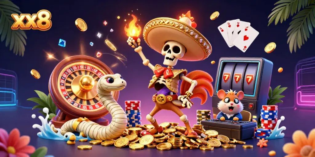 Experience the excitement of xx8 with mariachis, treasures, and vibrant 3D casino elements.