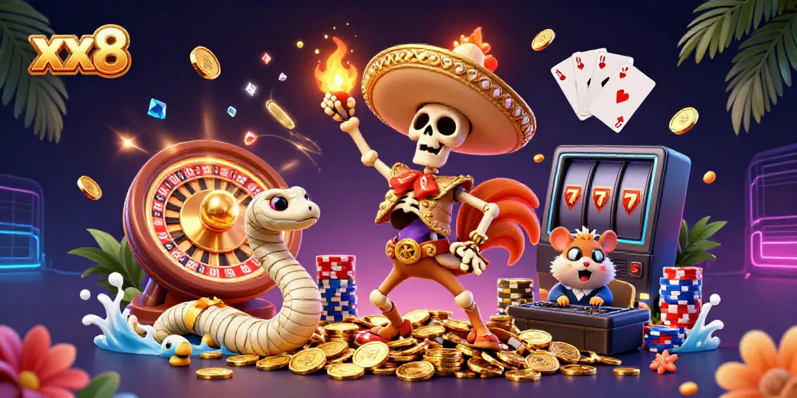 Experience the excitement of xx8 with mariachis, treasures, and vibrant 3D casino elements.