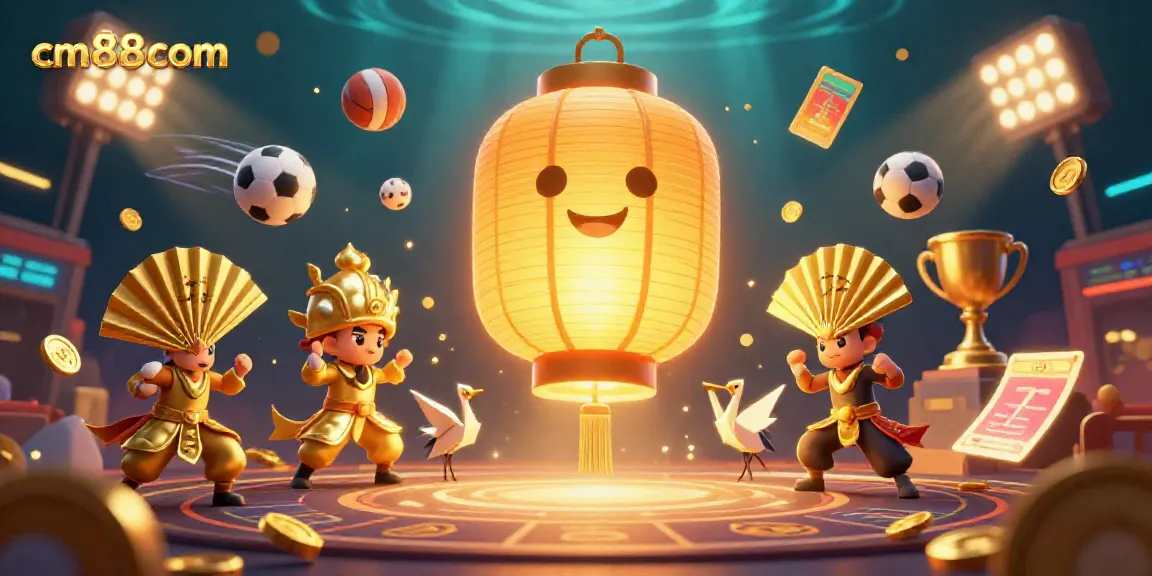 Join the excitement at cm88com, featuring a vibrant casino scene with golden lanterns and dynamic sports betting elements.