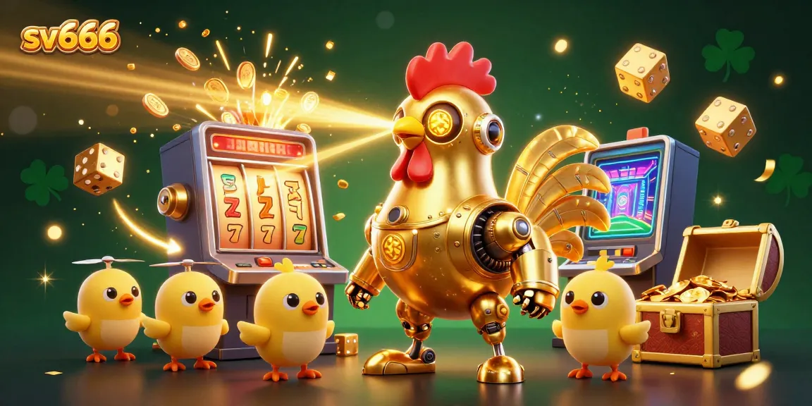Experience thrilling winning moments with sv666, featuring a golden rooster robot amid a jackpot explosion in a vibrant casino atmosphere.