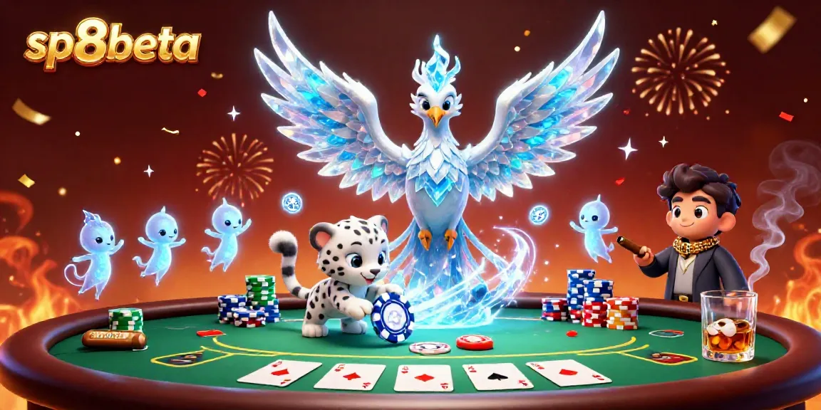 Experience sp8beta with an ice phoenix, snow leopard, and poker elements in a vibrant casino scene.