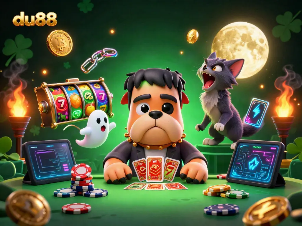 Experience thrilling gameplay at du88 with quirky characters and vivid casino elements in this captivating illustration.