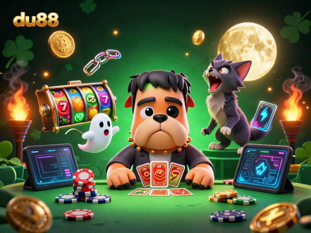 Experience thrilling gameplay at du88 with quirky characters and vivid casino elements in this captivating illustration.