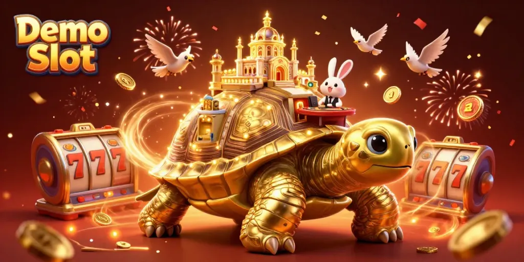 Spin the Demo Slot in an exciting 3D casino scene filled with golden coins and vibrant celebrations!